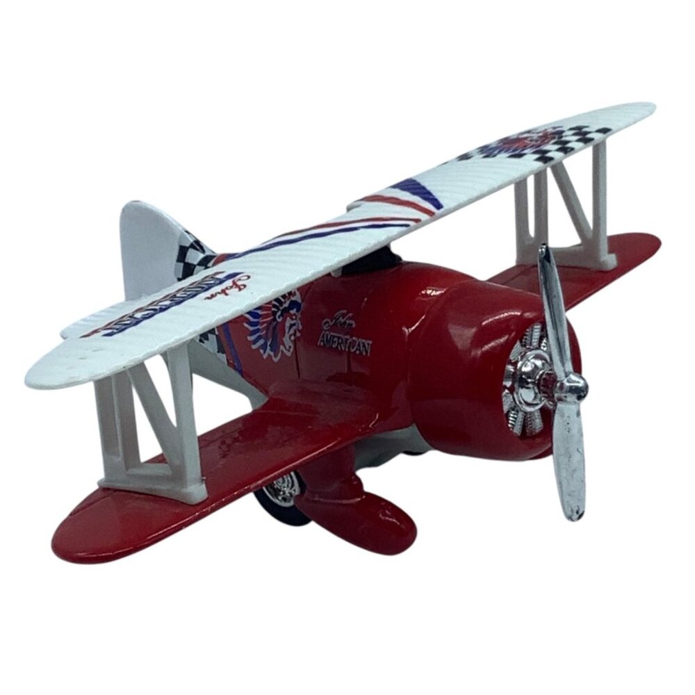 Johns American Red & White Biplane Toy 6"x4.5" Pullback Propeller Moves‎